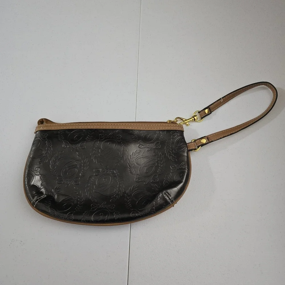 Coogi Womens Brown Embossed Monogram Wristlet Clutch Gold Hardware Studded Bag